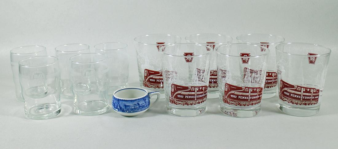 PENNSYLVANIA & BO RAILROAD GLASSES: Set of (5) B O and (6) Pennsylvania railroad tumbler glasses with small Baltimore Ohio cup.