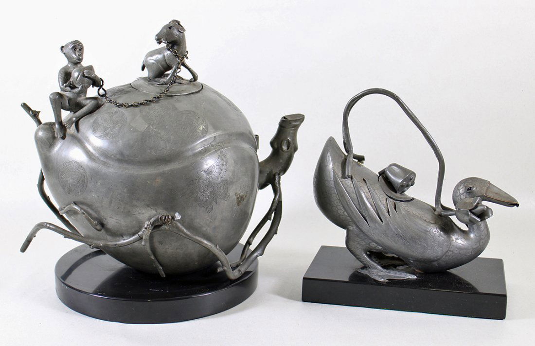 CHINESE PEWTER MONKEY OX & DUCK TEAPOTS (1 of 5)