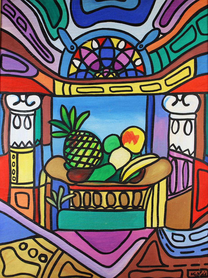 NICOLAS DELGADO PAINTING: Nicolas E Delgado (1936 - 2011) Pop art Cuban painting on canvas. Signed lower right and also on verso. Measures 31" x 23" & 34.75" x 27.25" framed.