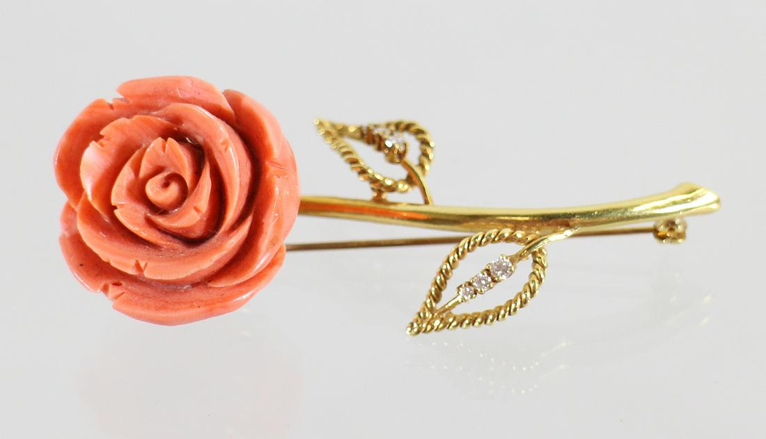 18K EMIS BEROS ANGEL SKIN CORAL & DIAMOND BROOCH: 18KT Yellow gold brooch with angel skin coral flower and (6) round diamond accents (G color, VS clarity). Measures 2.5" wide, weighs 16 grams. Emis Tsamourtzis Beros was an award winning jewelry desig