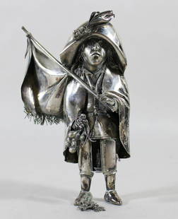 MARIO BUCCELLATI 800 SILVER FIGURE: Mario Buccellati Italian 800 silver figurine of a man with flag and vegetables with lantern. Signed on back side. Measures 5 3/8" tall, weighs 4.1 OZT.