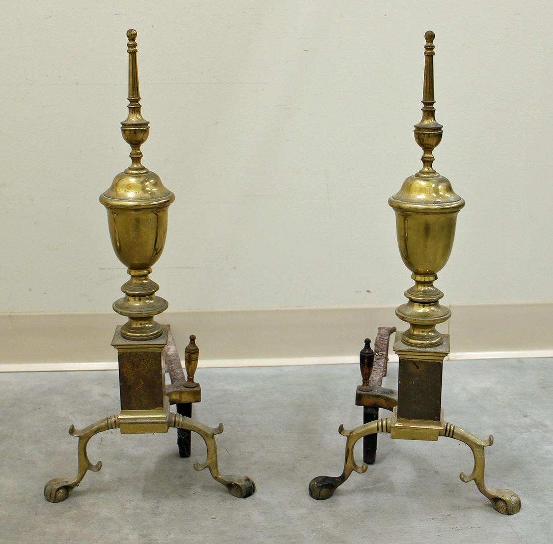 FEDERAL ANDIRONS: Antique Federal fireplace andirons.