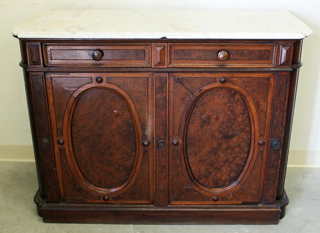 19TH CENTURY MARBLE TOP CABINET: 19th Century wood cabinet with double doors, one drawer, and marble top. Cabinet would make a great dry bar. Measures 48.5" x 19.75" wide 36" tall.