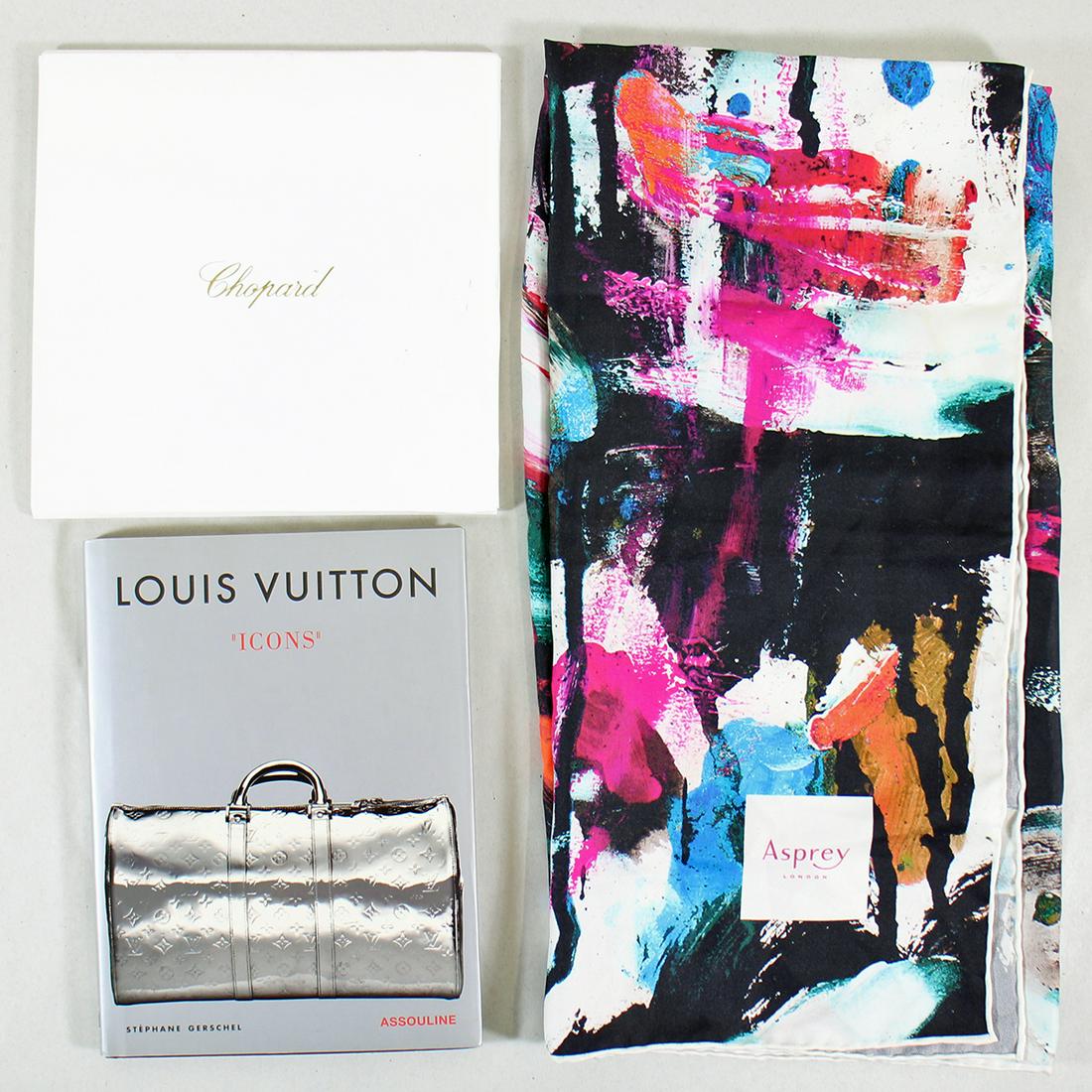 ASPREY & CHOPARD SCARF & LOUIS VUITTON BOOK: Includes a silk Asprey London scarf, a Chopard "Happy Hearts" scarf in box and a Louis Vuitton Icons book written by Stephane Gerschel.