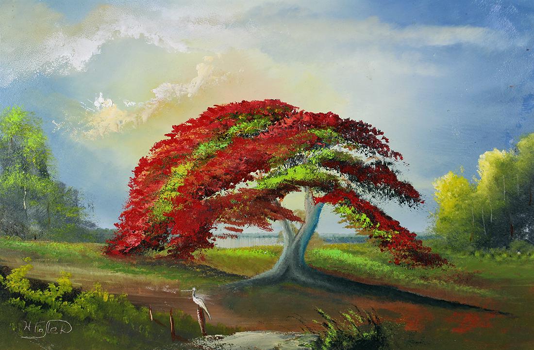 HORACE FOSTER FLORIDA PAINTING: Horace Foster painting of a Florida landscape with poinciana tree. Signed lower left and vero has photo of artist with painting. Measures 24" x 18" on board and 27.5" x 19.5" w/ frame.