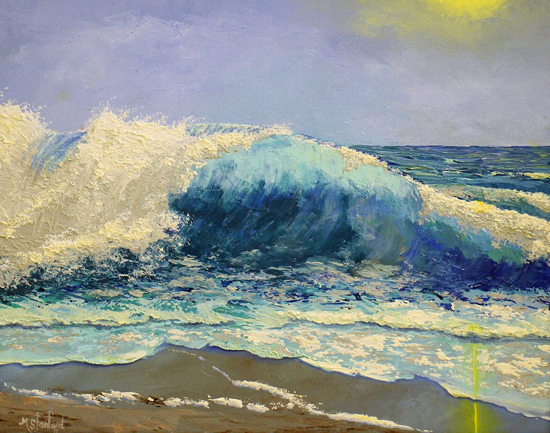 MARK STANFORD FLORIDA PAINTING: Mark Stanford painting of a Florida ocean scene with crashing waves. Signed lower left. Measures 20" x 16" on canvas and 25" x 21" w/ frame.