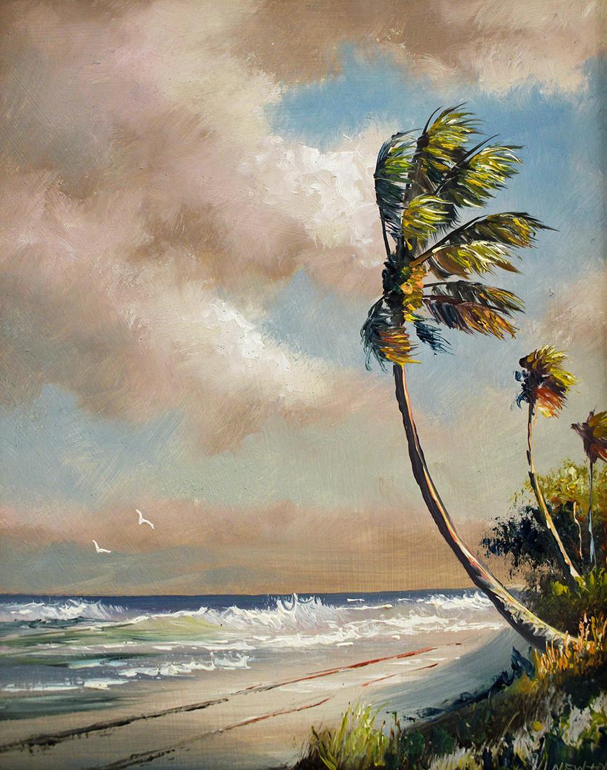 HAROLD NEWTON HIGHWAYMEN PAINTING: Harold Newton (1934-1994) Highwaymen painting of a sunny Florida beach scene with palm trees blowing in the wind and a cloudy sky. Signed lower right. Measures 14" x 11" on masonite and 17.25" x 14.25