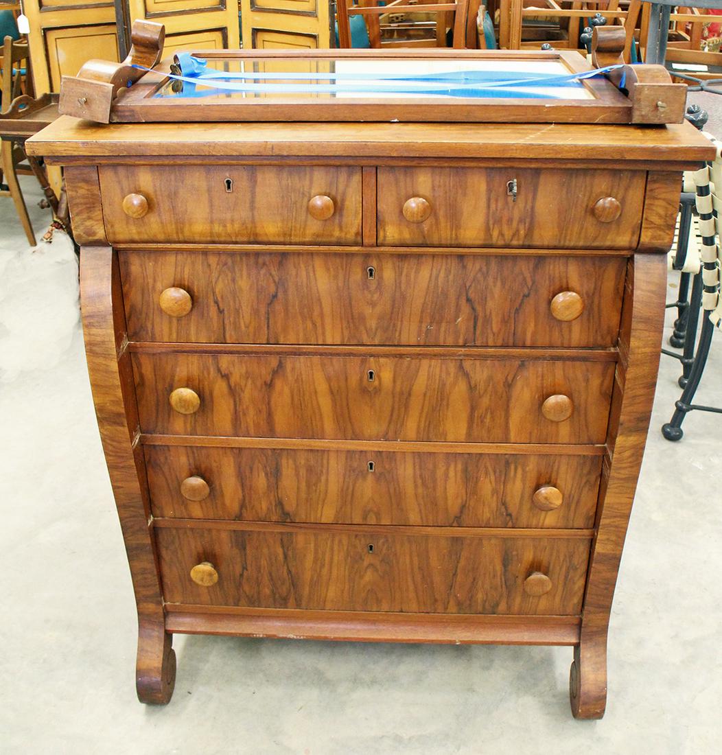 ANTIQUE TALL DRESSER: Antique tall dresser with mirror. Mirror is loose and needs repair.