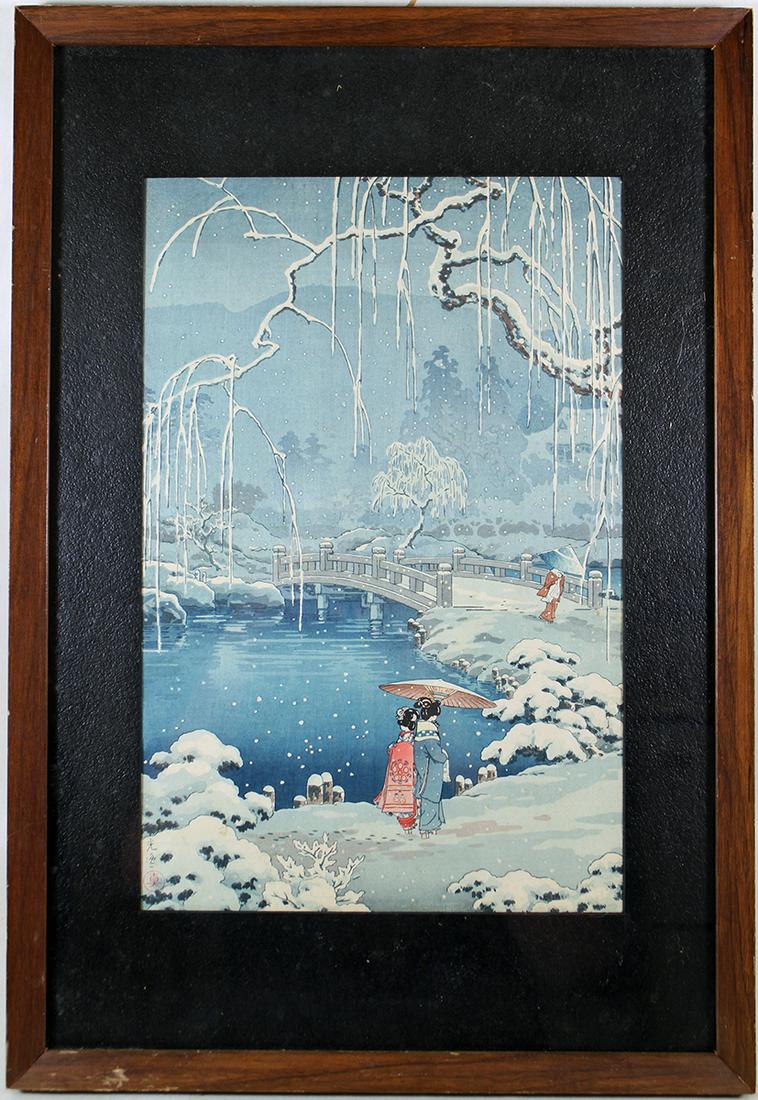 TSUCHIYA KOITSU WOODBLOCK - SPRING SNOW: Tsuchiya Koitsu (1870-1949) Japanese woodblock titled Spring Snow at Maruyama. It measures 10" x 15" and 22" x 15" w/ frame.