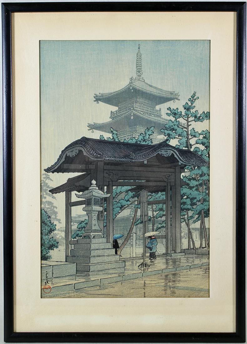 HASUI KAWASE WOODBLOCK PRINT ZENTSU TEMPLE: Hasui Kawase (1883-1957) Japanese woodblock. Measures 14" x 9" and 18" x 13" w/ frame.