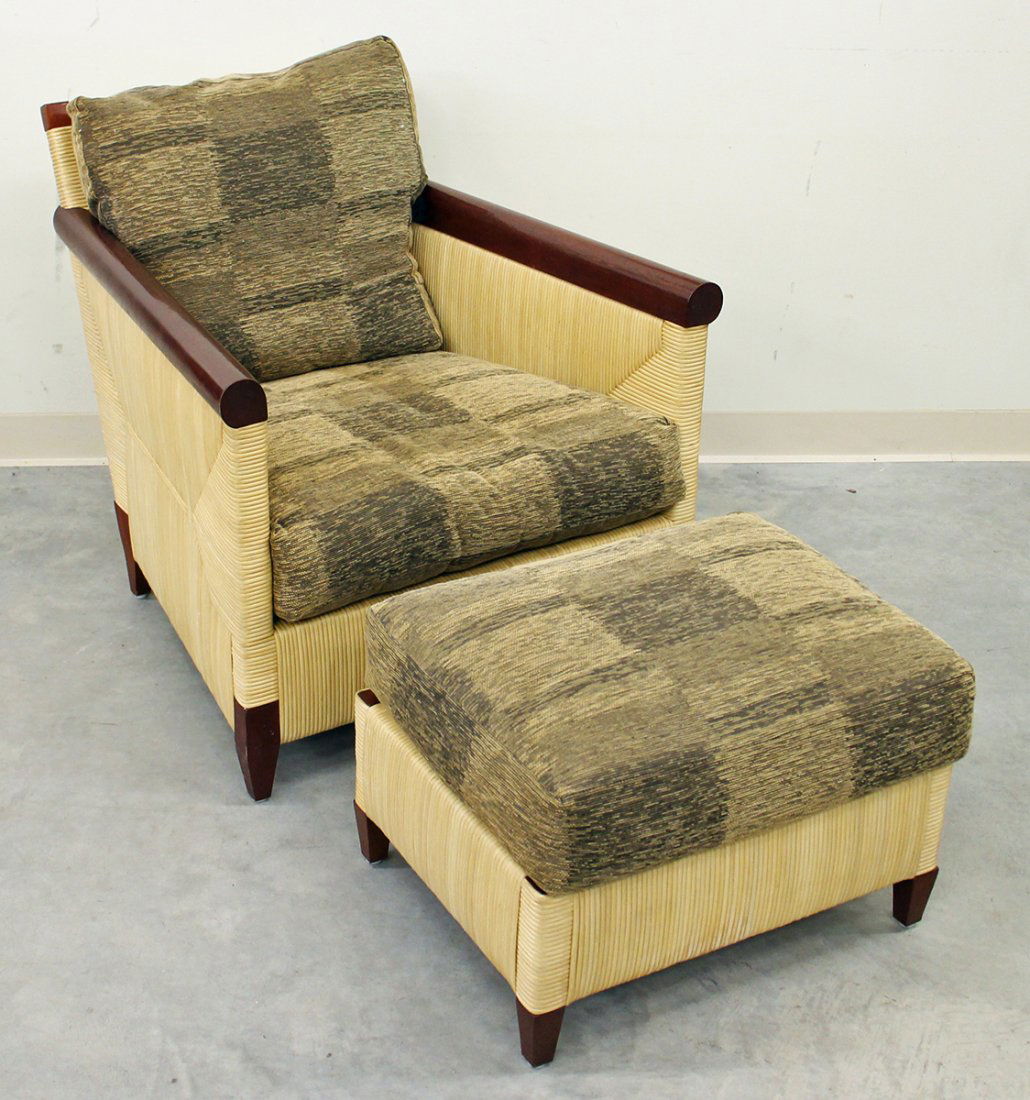 DONGHIA JOHN HUTTON WICKER CHAIR & OTTOMAN: Donghia Merbau John Hutton mahogany and wicker club chair and foot stool. Chair 30" x 33" wide.