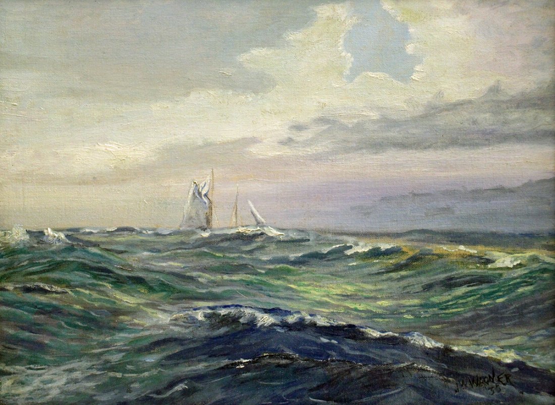 J.W. WAGNER "TH COMING SQUAL" PAINTING: 20th Century JW Wagner seascape painting on board. Measures approximately 16" x 12" and 18.5" x 14" w/ frame.