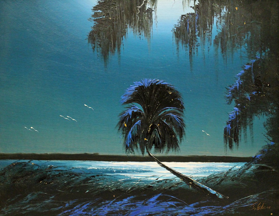 JAMES GIBSON HIGHWAYMEN PAINTING: James Gibson (1938-2017) Highwaymen painting of a Florida moon lit night river scene with palm tree and hanging Spanish moss. Signed lower right. Some small areas of paint loss. Measures 30" x 24" on 