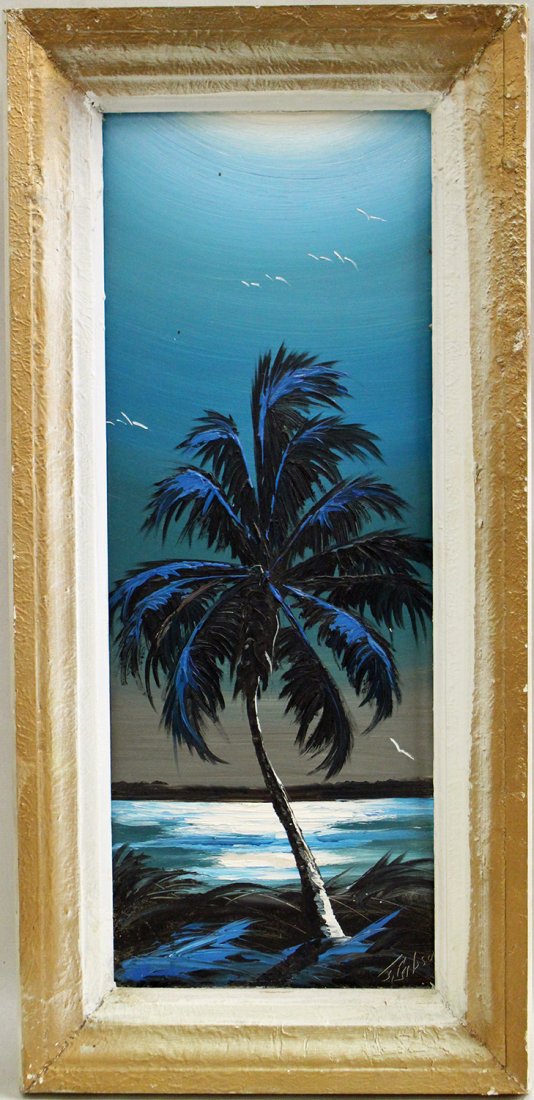JAMES GIBSON HIGHWAYMEN PAINTING: James Gibson (1938-2017) Highwaymen painting of a Florida moon lit night river scene with palm tree. Signed lower right. This unusual size painting measures 21" x 8.25" on upson board & 24.5" x 11.75"