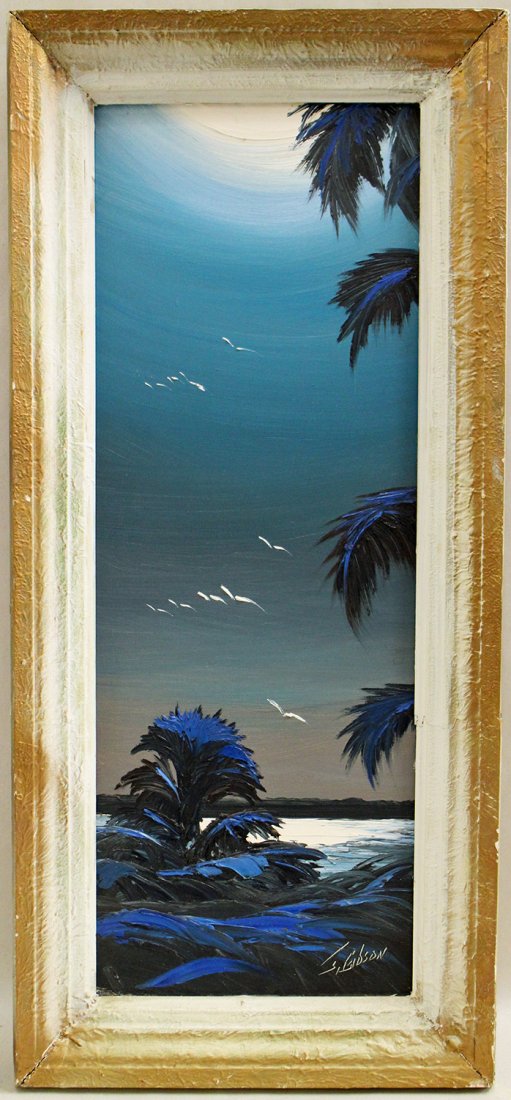 JAMES GIBSON HIGHWAYMEN PAINTING: James Gibson (1938-2017) Highwaymen painting of a Florida moon lit night river scene with palms and flying birds. Signed lower right. This unusual size painting measures 24" x 9" on upson board & 27.7