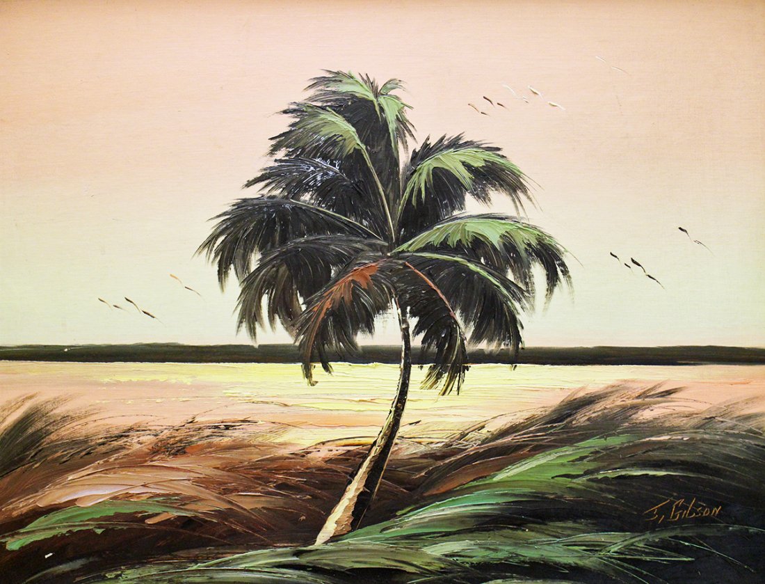 JAMES GIBSON HIGHWAYMEN PAINTING: James Gibson (1938-2017) Highwaymen painting of a sunsetting Florida scene with large palm tree and flying birds. Signed lower right. Measures 29" x 22" on upson board & 32" x 25" w/ frame.