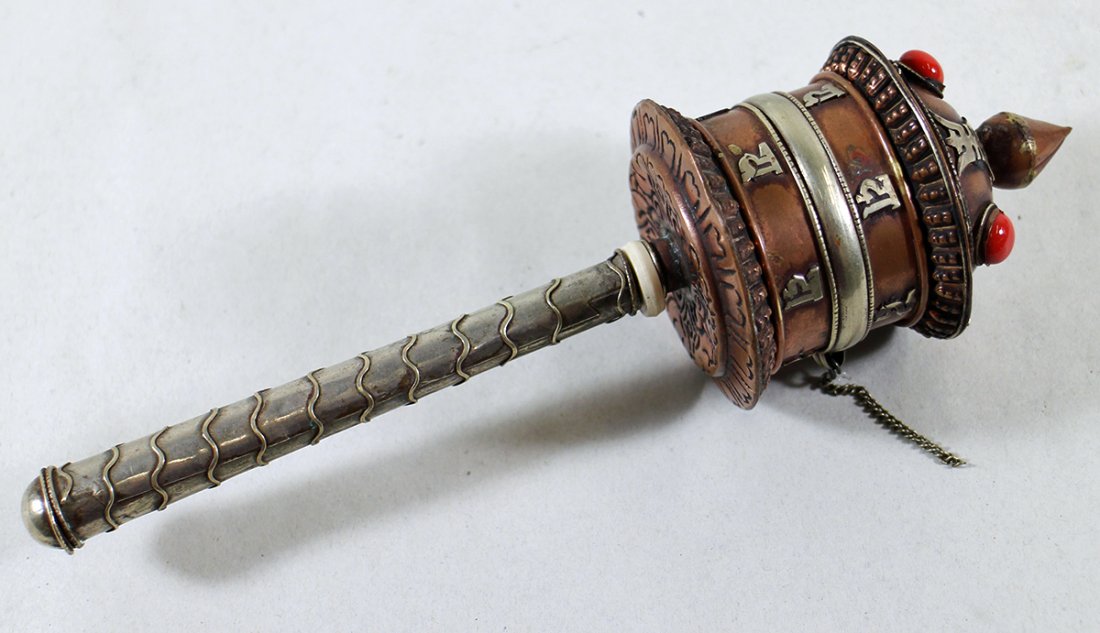 TIBETAN COPPER & SILVER PRAYER WHEEL (1 of 4)