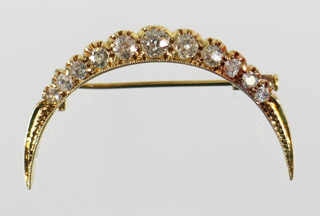 VICTORIAN 18K YELLOW GOLD DIAMOND CRESCENT PIN (1 of 4)