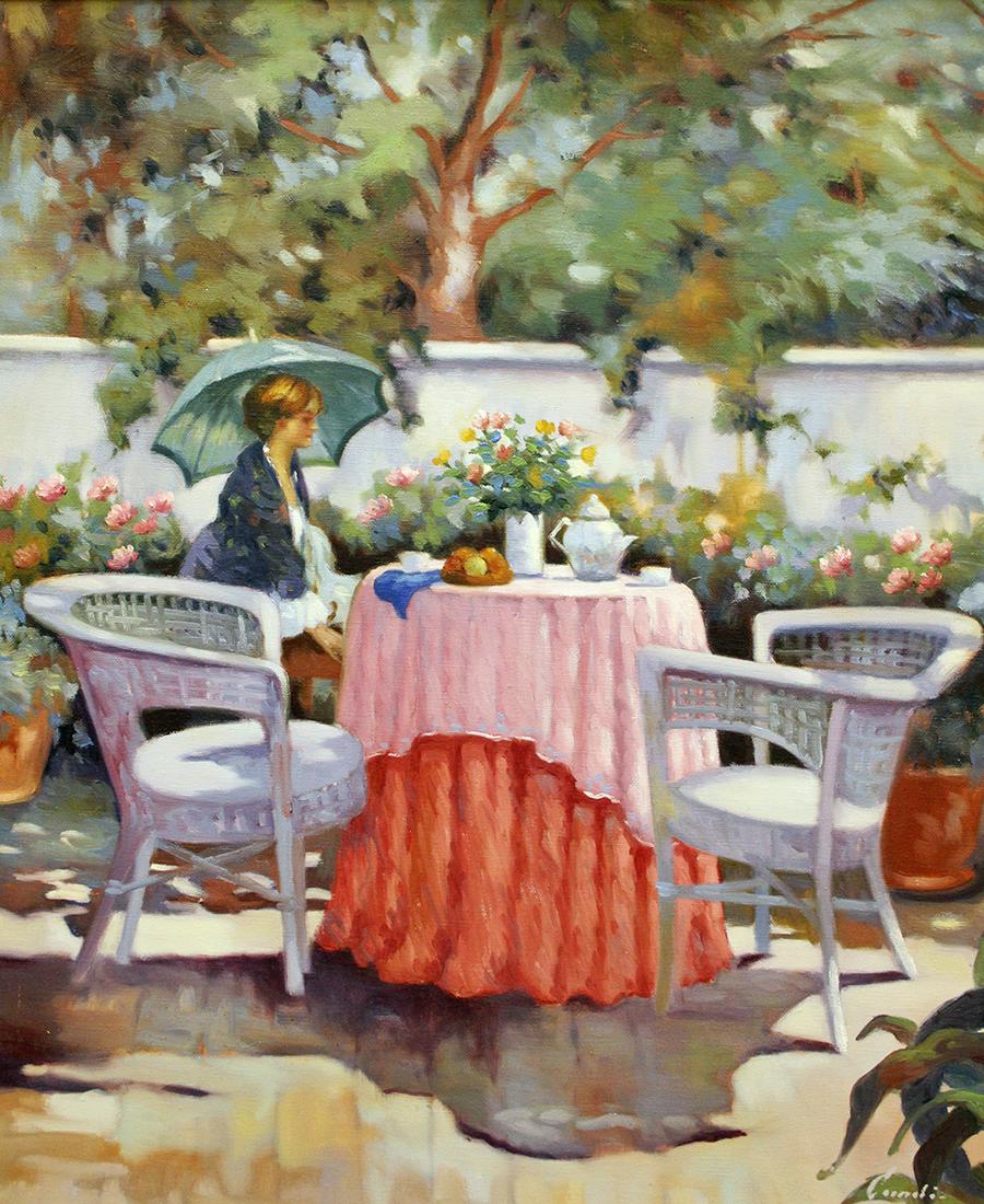 TEA TIME WOMAN WITH UMBRELLA PAINTING (1 of 4)