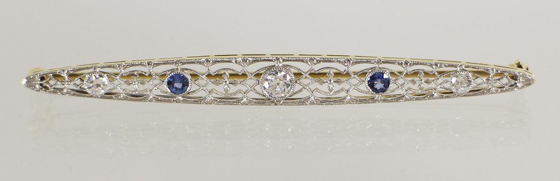 ART DECO TWO TONE 14K DIAMOND  & SAPPHIRE PIN (1 of 3)