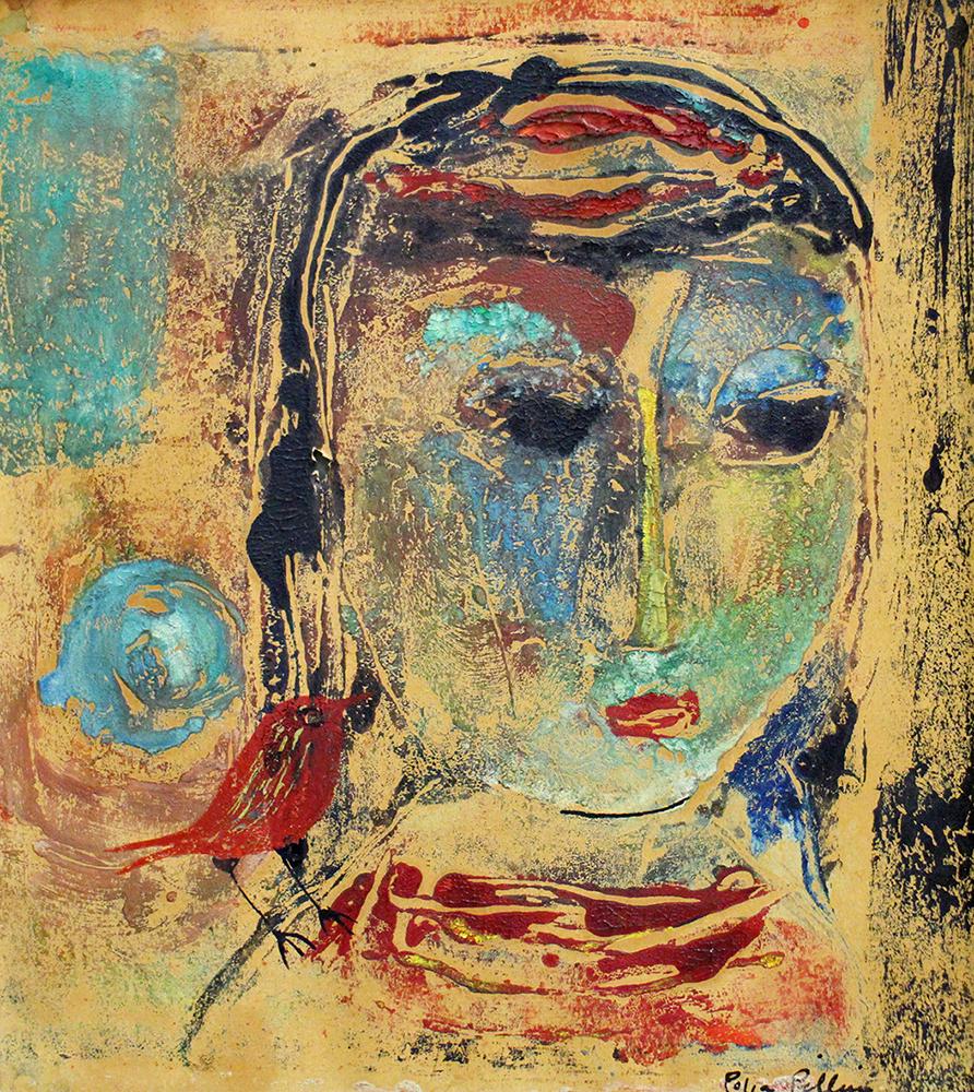 POLIA SUNOCKIN PILLIN PAINTING: Polia Sunockin Pillin (1909-1992) Abstract mixed media portrait painting on paper. Signed lower right. Measures 7.5" x 8.5. Label on verso from M/E Framing Guild 1063 Madison Ave, NYC formerly Braus G