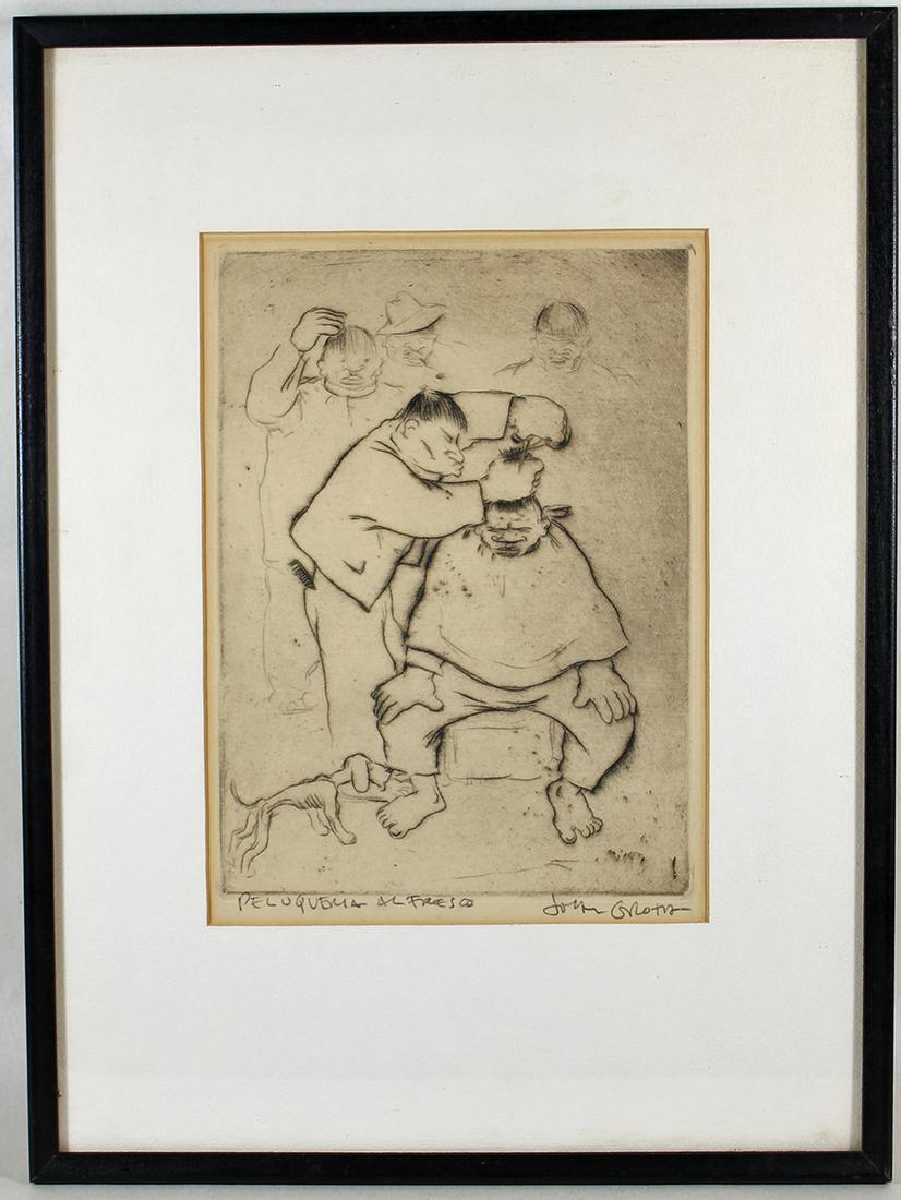 JOHN GROTH "BARBER" ETCHING: John Groth (1908-1988) Etching of a barber cutting hair. Titled and pencil signed. Measures 20" x 15" w/ frame.