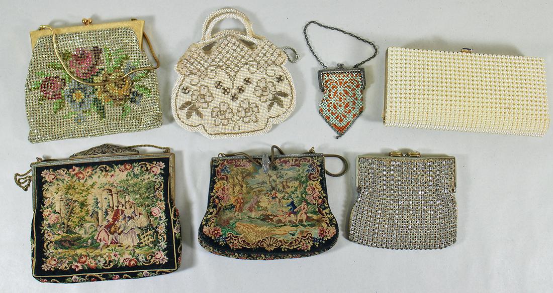 ANTIQUE & VINTAGE PURSES: A collection of purses to include a beaded clutch JR of Florida, a rhinestone crystal bag, an Austria crystal beaded flower bag with hold trim (never worn), a Czechoslovakia beaded bag, an Art Deco me
