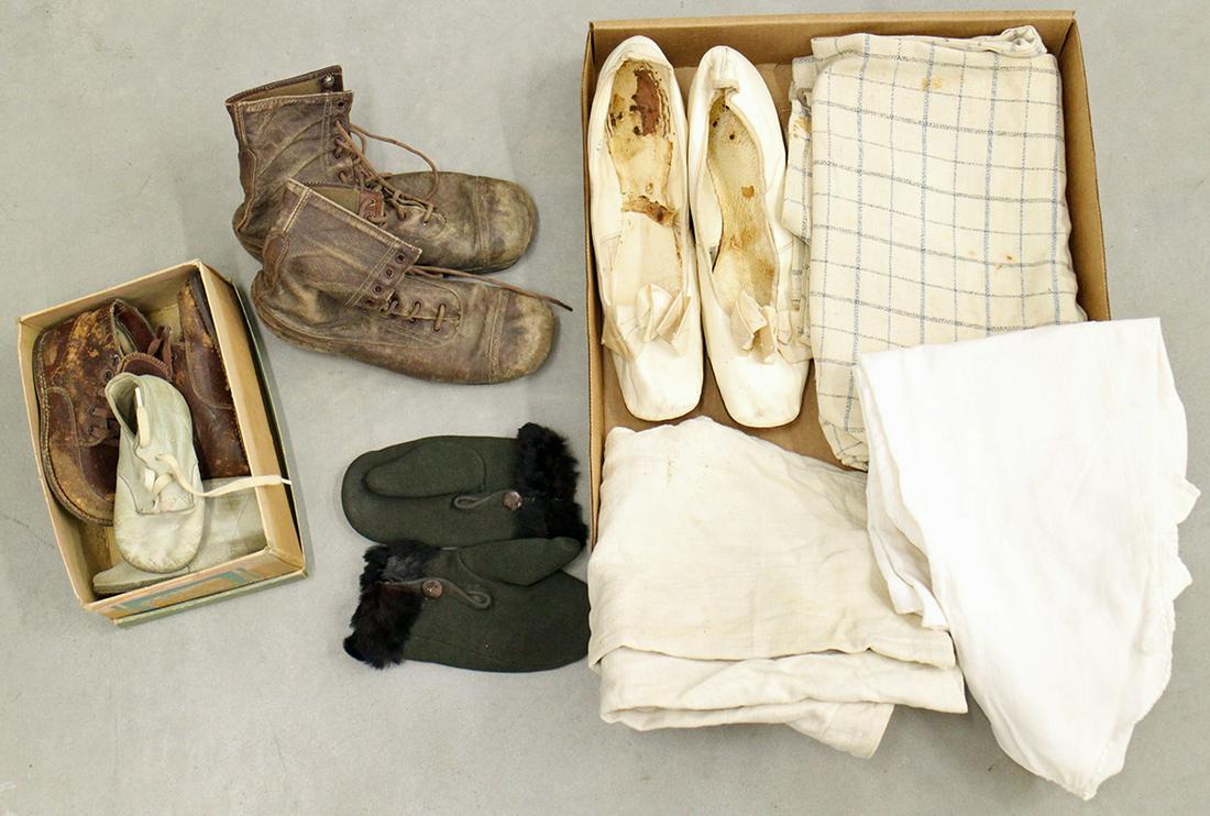 ANTIQUE VICTORIAN CLOTHING & SHOES: A collection of Victorian shoes, boots, gloves and clothing.