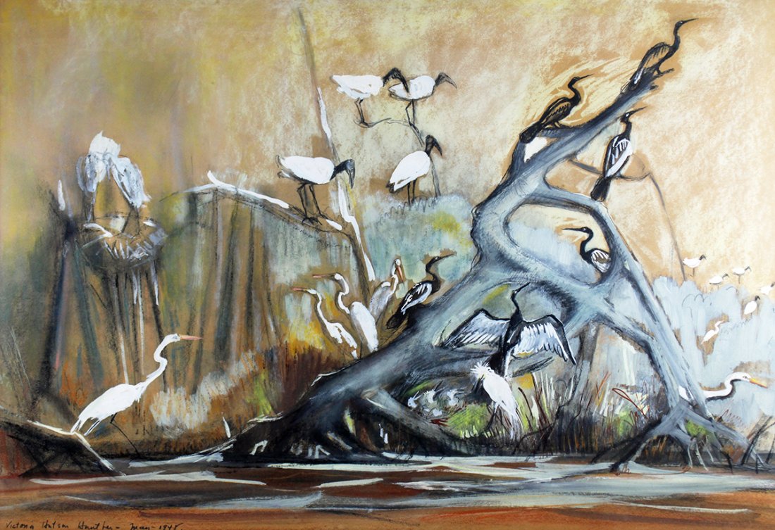 VICTORIA HUNTLEY MIXED MEDIA PAINTING: Victoria Ebbels Hutson Huntley (1909-1970) Mixed media painting of birds. Signed lower left and dated May 1948. Measures approximately 29" x 20" (sight) and 36" x 27.25" w/ frame.