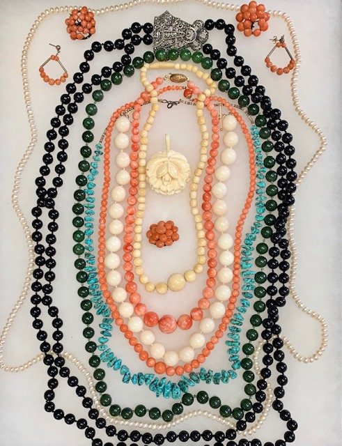 VINTAGE CORAL TURQUOISE PEARL & ONYX JEWELRY: A collection of vintage jewelry to include Angel Skin coral, peach coral,turquoise, onyx with a sterling marcasite clasp and more.