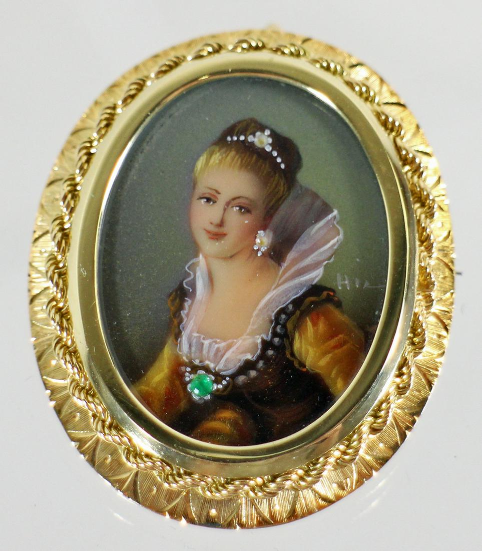 ANTIQUE 18KT HAND PAINTED VICTORIAN LADY PENDANT (1 of 3)