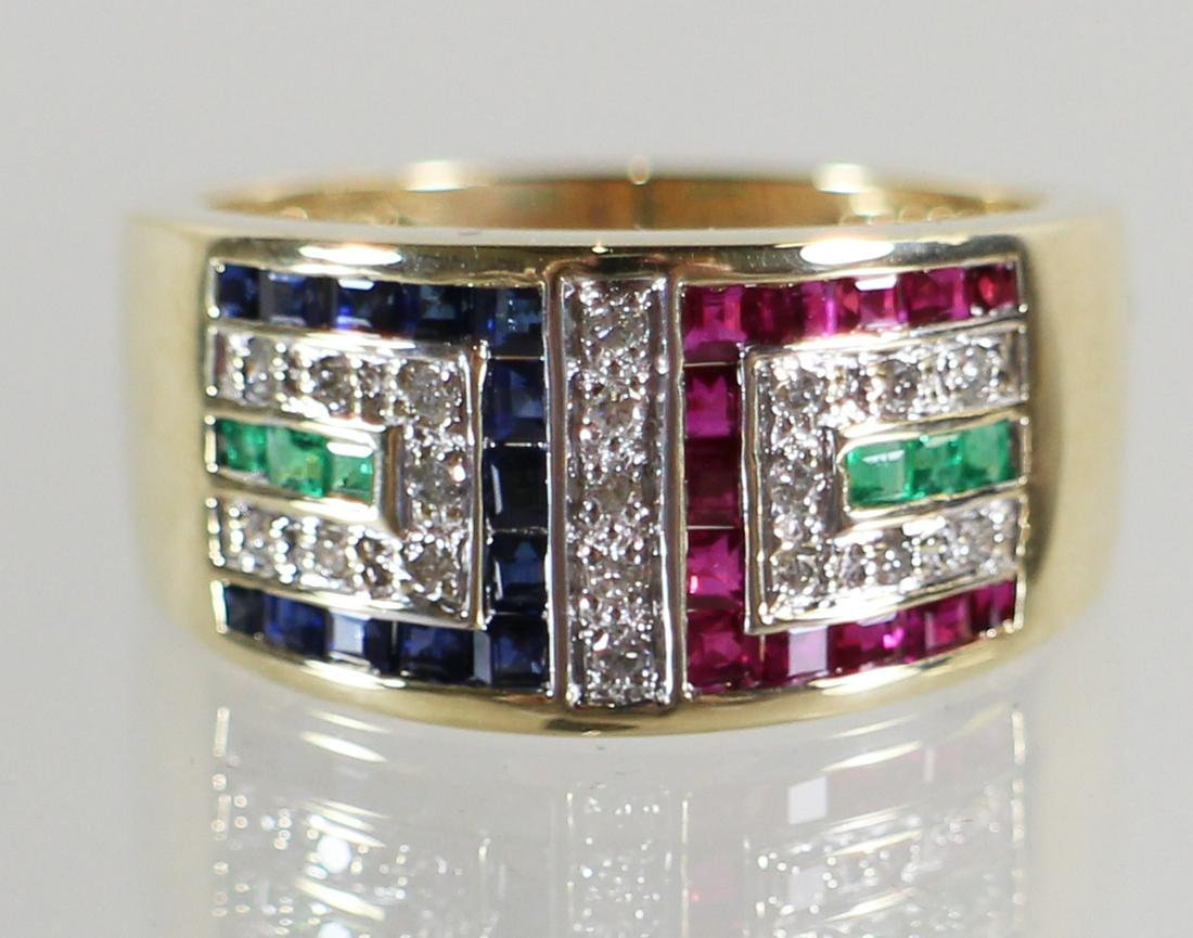 14K DIAMOND SAPPHIRE EMERALD & RUBY GREEK KEY RING (1 of 2)