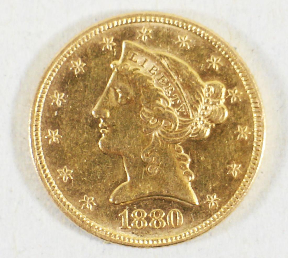1880P $5 LIBERTY HEAD GOLD COIN: 1880 P five dollar liberty head gold coin.