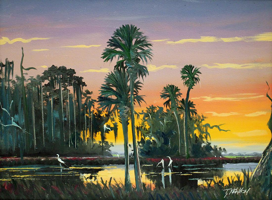 TRACY NEWTON FLORIDA PAINTING: Tracy Newton painting of a Florida sunset backwoods scene with palm trees and birds. Signed lower right. Measures 24" x 18" on board and 27" x 21" w/ frame. Tracy is the son of Highwaymen Sam Newton.