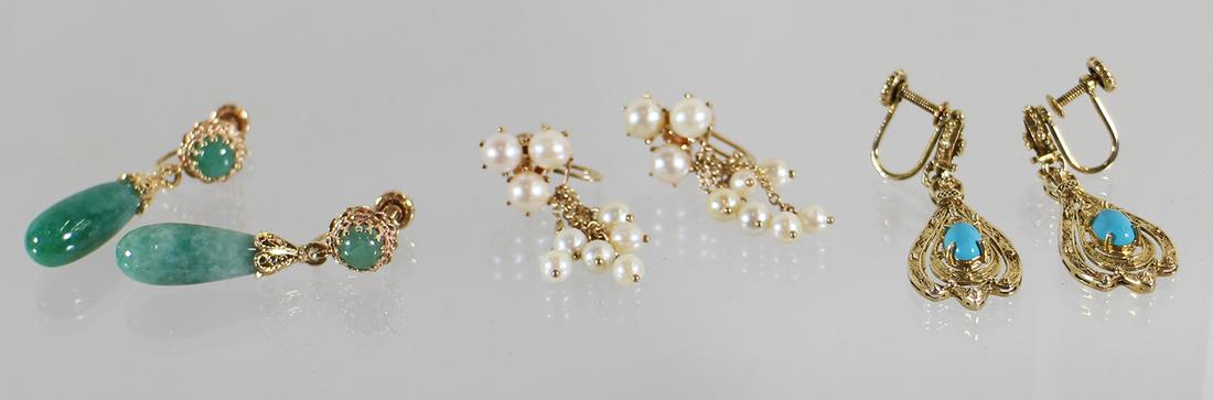 (3) 14K GOLD JADE, TURQUOISE, AND PEARL EARRINGS (1 of 3)