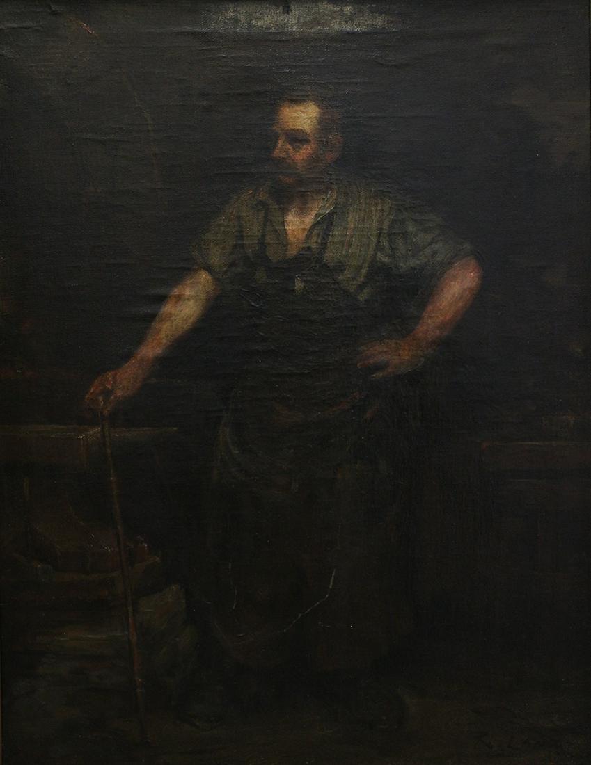 19th CENTURY EUROPEAN PAINTING: A 19th Century oil on canvas painting of a working man. Singed lower right R. Lanza. Nice period frame. Measures approximately 20" x 23" and 26" x 33" w/ frame.