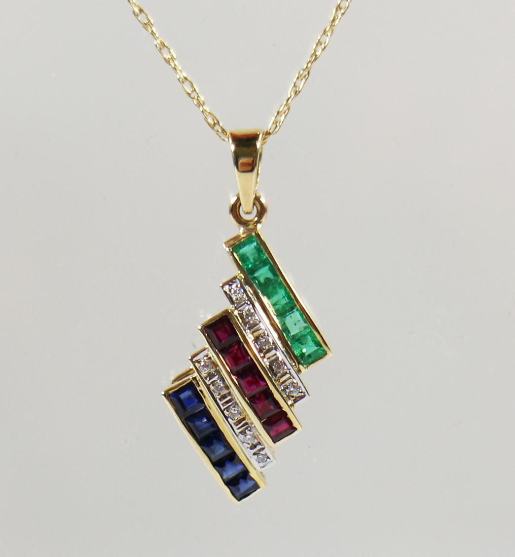18K EMERALD, SAPPHIRE, RUBY, & DIAMOND PENDANT (1 of 2)