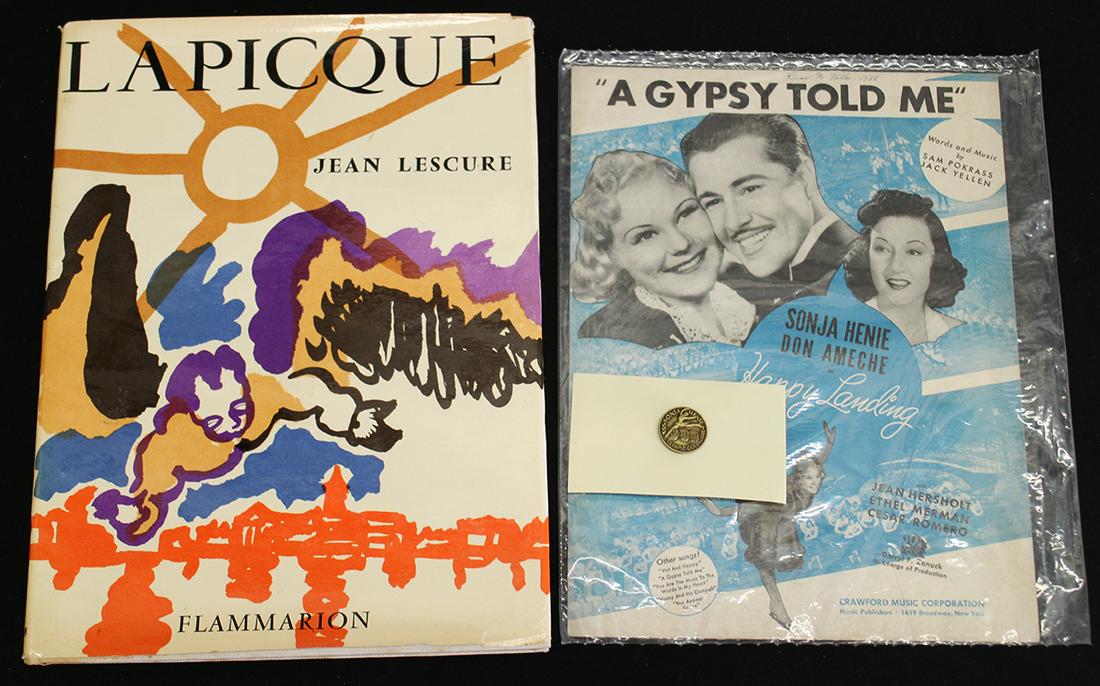 SONJA HENIE OLYMPIC PIN & LAPICQUE SIGNED BOOK (1 of 3)