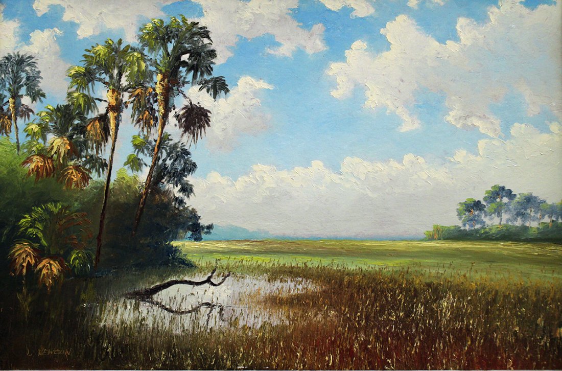 LEMUEL NEWTON HIGHWAYMEN PAINTING: Lemuel "Lem" Newton (1950-2014) Highwaymen painting of a Florida backwoods landscape scene with palm trees and cloudy blue sky. Signed lower left. This painting was recently featured in the Foosaner A