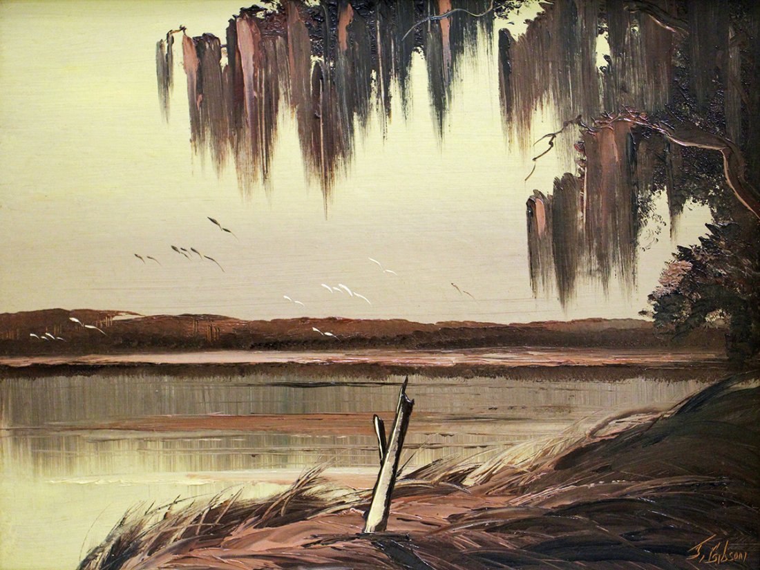 JAMES GIBSON HIGHWAYMEN PAINTING: James Gibson (1938-2017) Vintage Highwaymen painting of a Florida river scene with hanging Spanish moss and flying birds. Measures 29" x 22" on upson and 32" x 25" w/ frame.