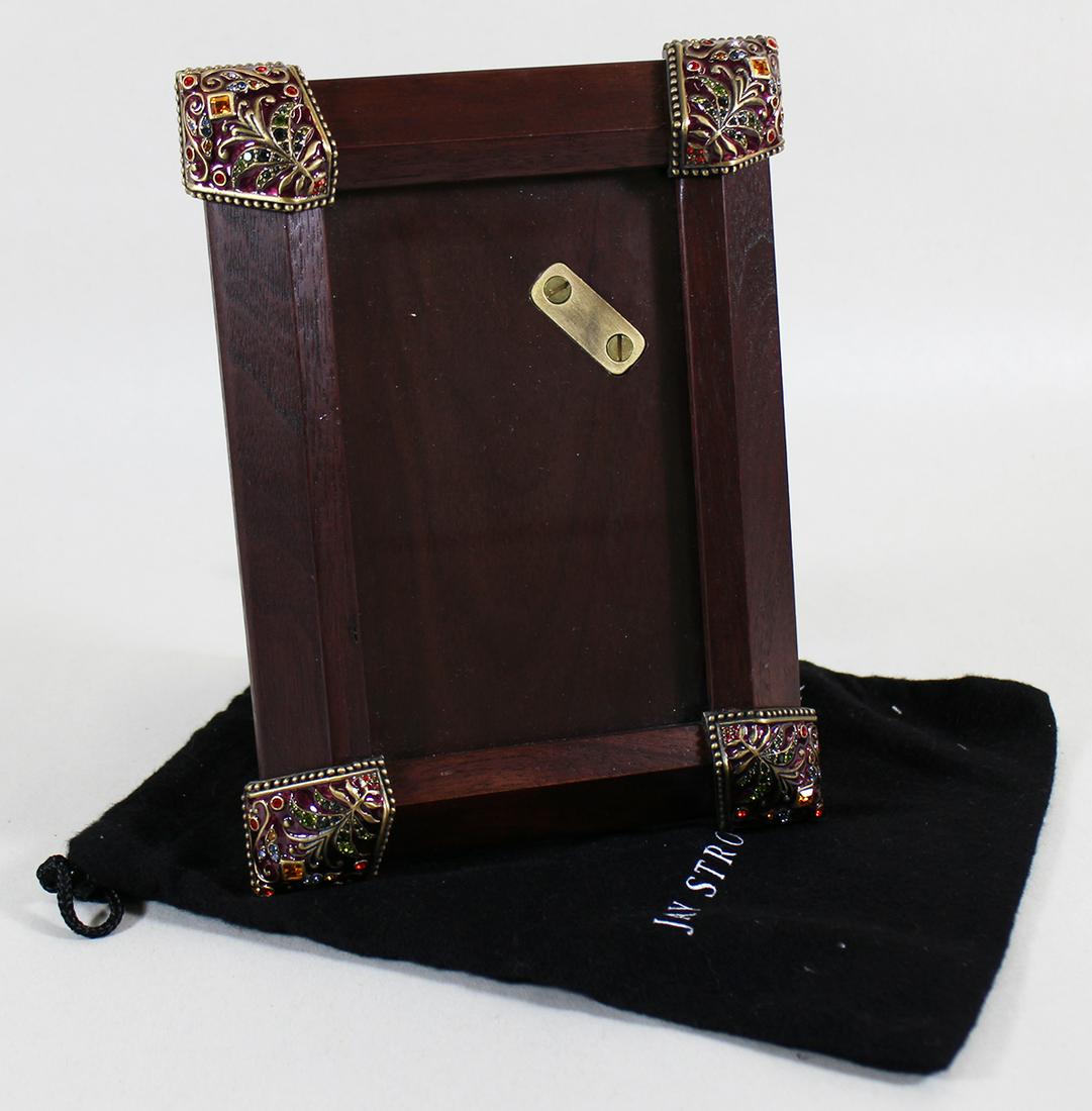 JAY STRONGWATER WOOD PICTURE FRAME: Jay Strongwater jeweled wood picture frame with pouch. Frame measures 7 7/8" x 5 7/8"