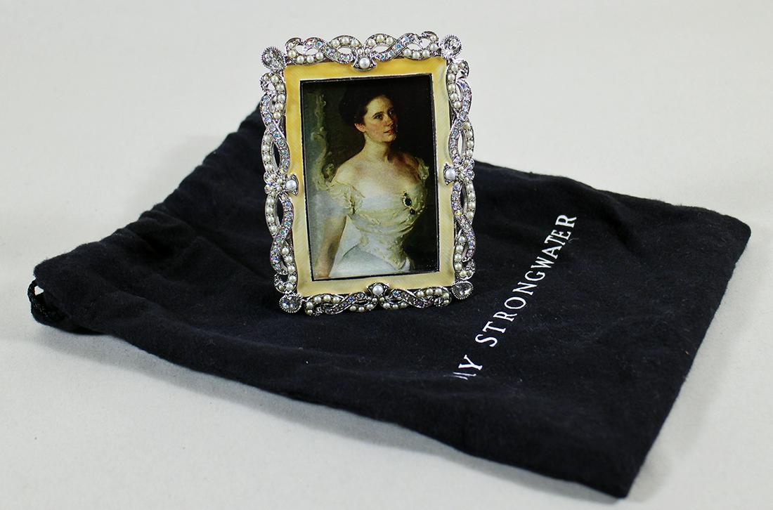 JAY STRONGWATER JEWELED BRAID FRAME: Jay Strongwater jeweled braid frame with pouch. Holds a 2" x 3" picture.