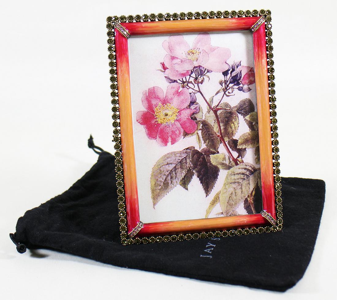 JAY STRONGWATER PICTURE FRAME: Jay Strongwater jeweled picture frame with pouch. Frame measures 7" x 5 1/8"