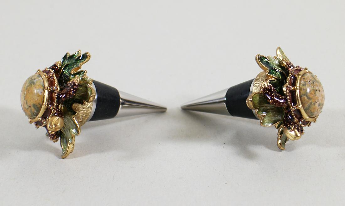 (2) JAY STRONGWATER WINE STOPPERS: Two Jay Strongwater wine stoppers with turtles. 3" long.