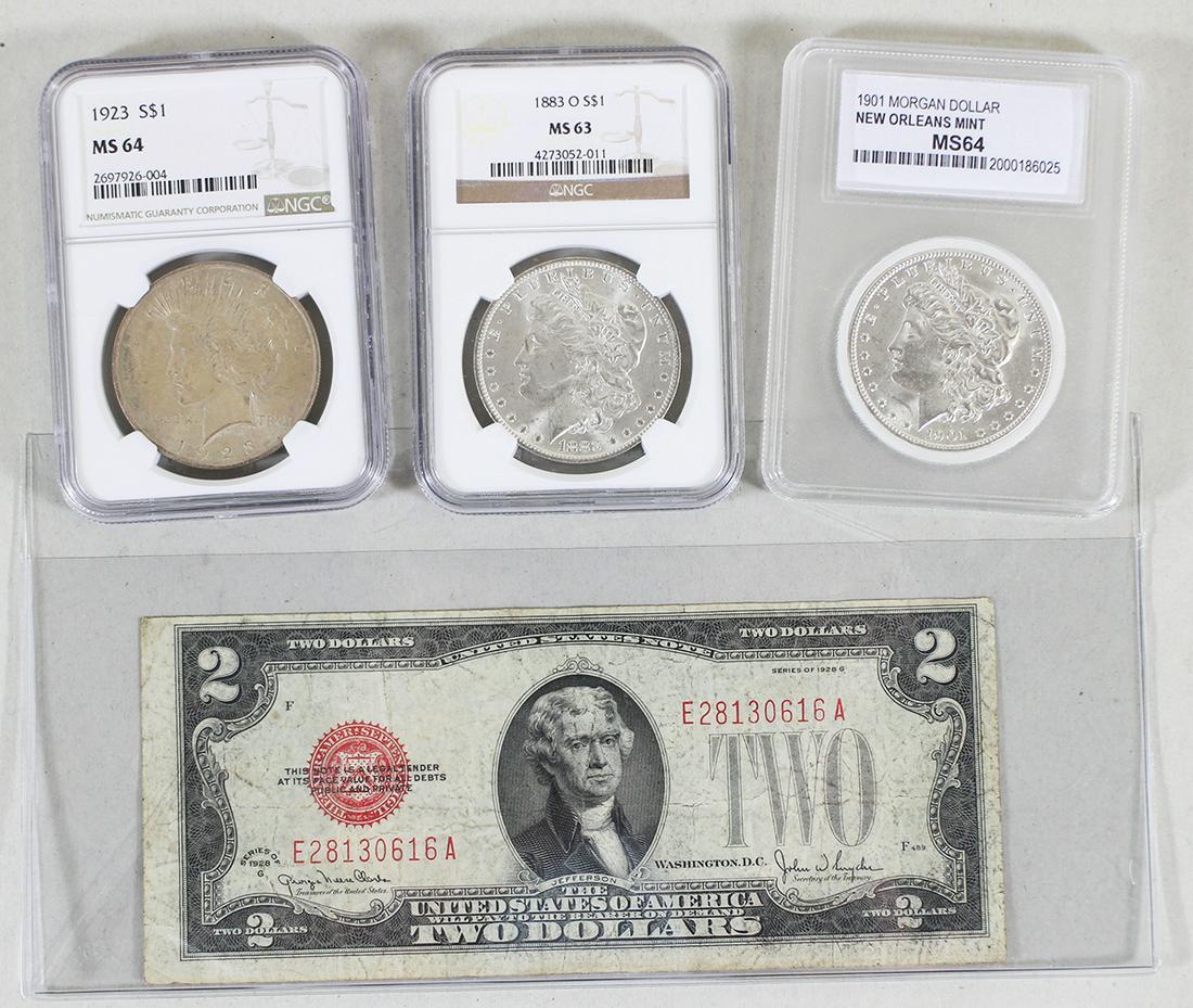(3) SILVER DOLLAR COINS & $2 NOTE (1 of 4)