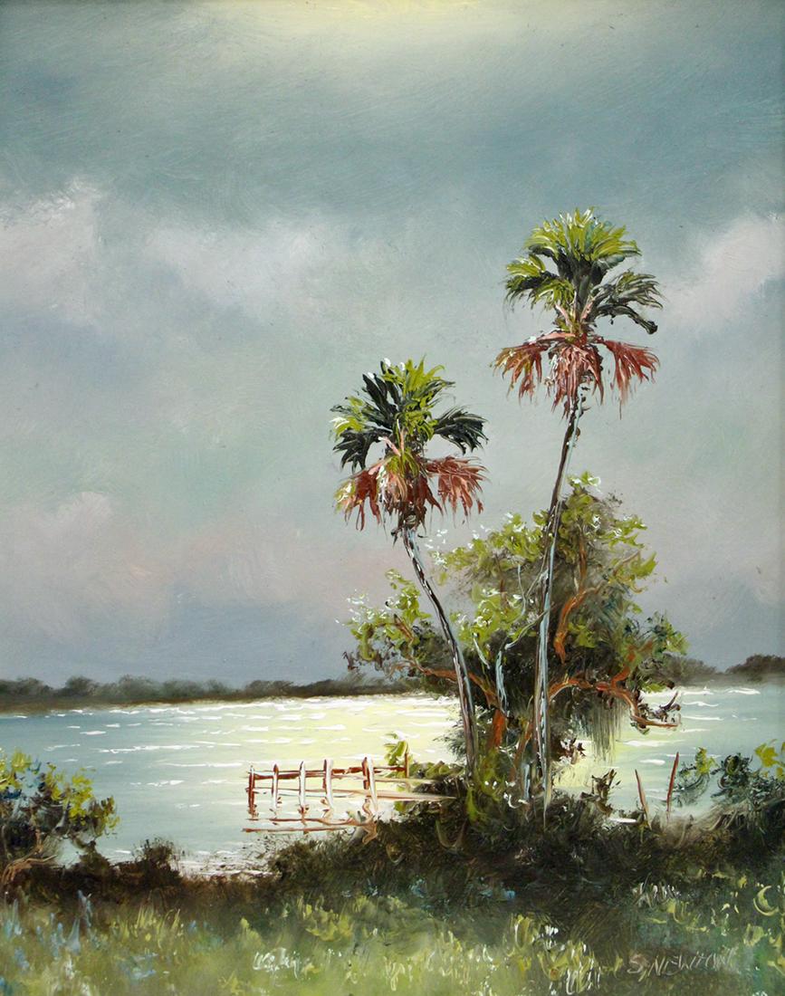 SAM NEWTON NIGHT RIVER HIGHWAYMEN PAINTING: Sam Newton (b. 1948) Highwaymen painting of a Florida night river scene with palm trees and boat dock. Signed lower right. Measures 20" x 16" on board and 25.5" x 21.5" w/ frame.