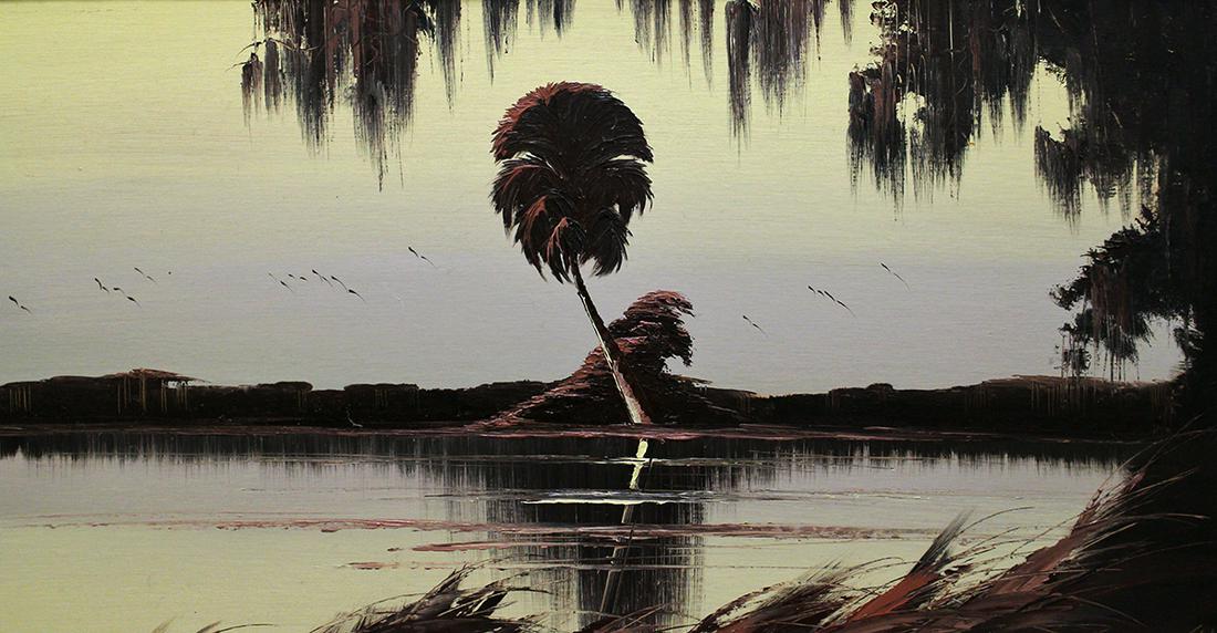 JAMES GIBSON HIGHWAYMEN PAINTING: James Gibson (1938-2017) Vintage Highwaymen painting of a Florida river scene with hanging Spanish moss and lone palm tree. Signed lower right under frame matting. Measures approximately 38" x 22.25" 