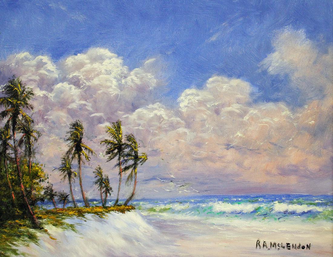 ROY MCLENDON HIGHWAYMEN PAINTING: Roy Mclendon (b. 1932) Highwaymen painting of a Florida sunny Rio Mar beach scene with dunes, crashing waves, cloudy sky, and palm trees. Signed lower right. Measures 20" x 16" and 26" x 22" w/ frame.