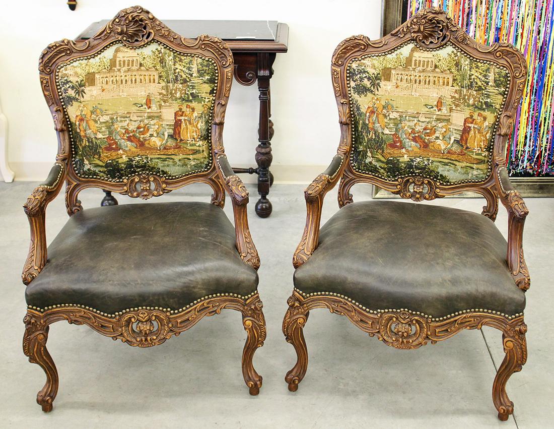 NEEDLEPOINT STYLE ARMCHAIRS: Pair of armchairs with a European needlepoint style design. Each measures 43" tall to back, 27" x 22" wide.