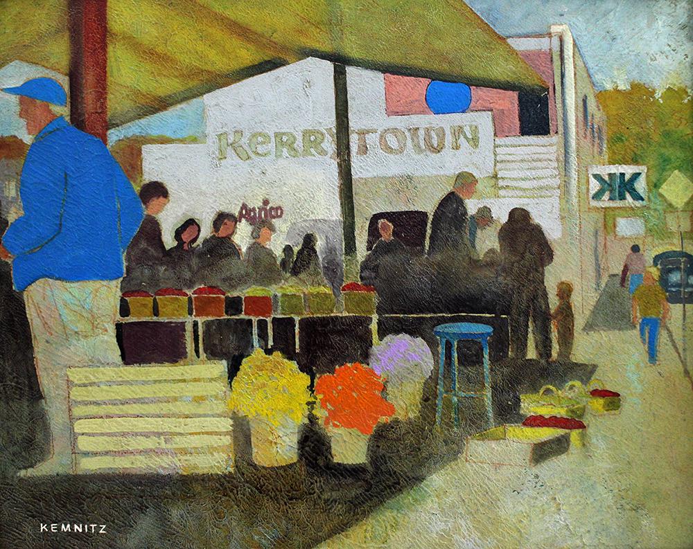 KEMNITZ ANN ARBOR FARMER'S MARKET PAINTING: Milton Kemnitz (1911-2005) Oil on board painting of the Kerrytown Farmers Market in Ann Arbor Michigan. Label on verso from the Toledo Museum of Art. Measures 14 3/4" x 12 1/2" framed.